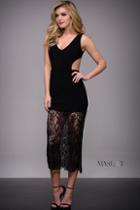 Jovani - Black V-neck Lace Tea Length Dress M550