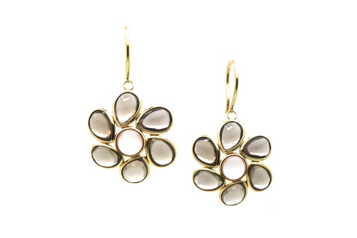Tresor Collection - Smoky Quartz And Rose Quartz Flower Earrings In 18k Yellow Gold