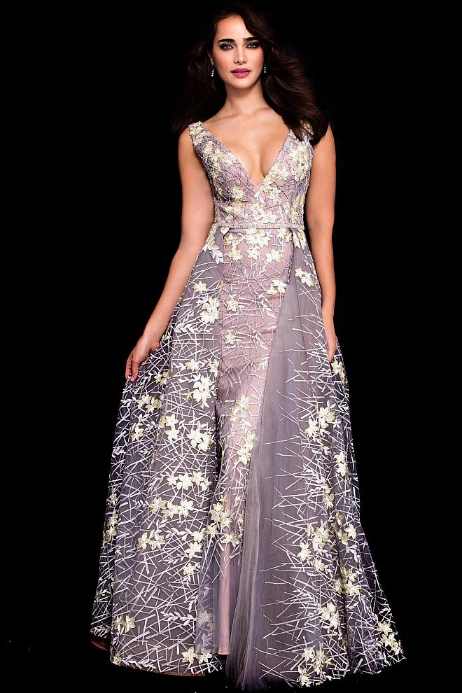Jovani - 57982 Floral Embroidered V Neck Gown With Overskirt