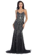 Long Beaded Fitted Dress With Spaghetti Straps