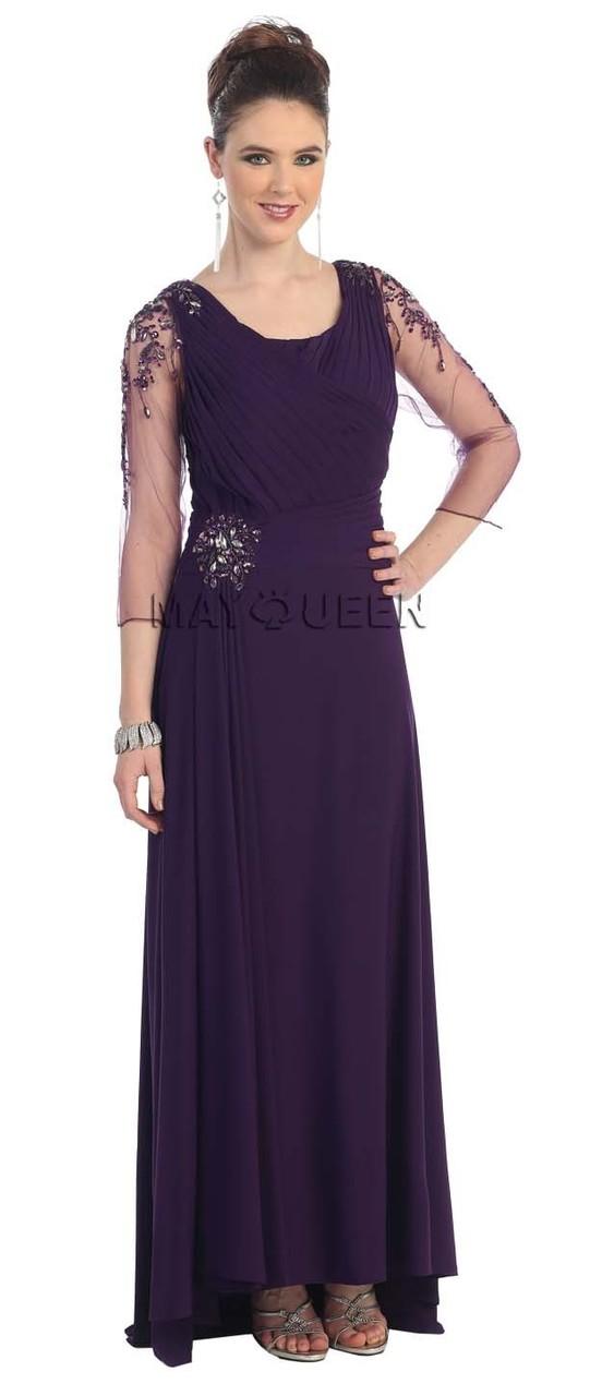 Quarter Length Pleated And Jeweled Bateau Neck A-line Dress