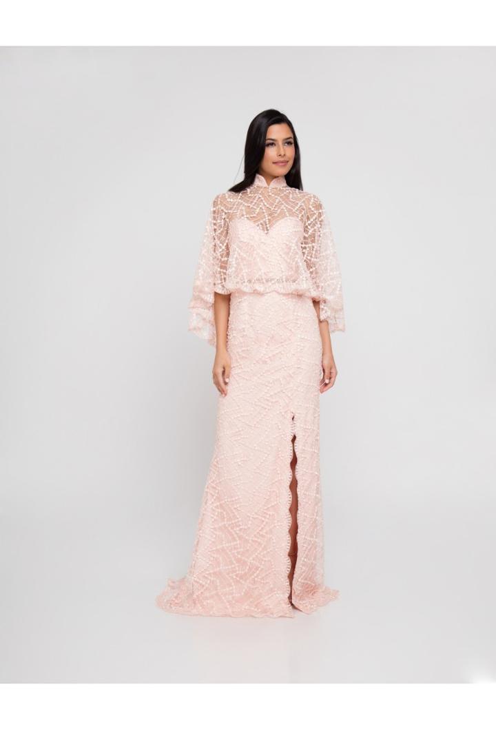 Terani Couture - 1811m6569 Embellished High Collar Cape Sheath Dress