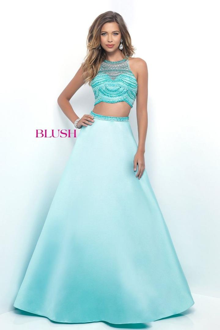 Blush - Bejeweled Sheer High Halter A-line Gown 5624
