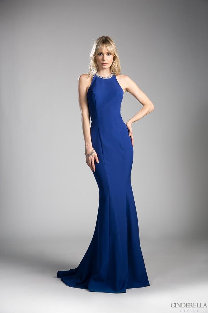 Cinderella Divine - Beaded Halter Neck Jersey Sheath Prom Dress