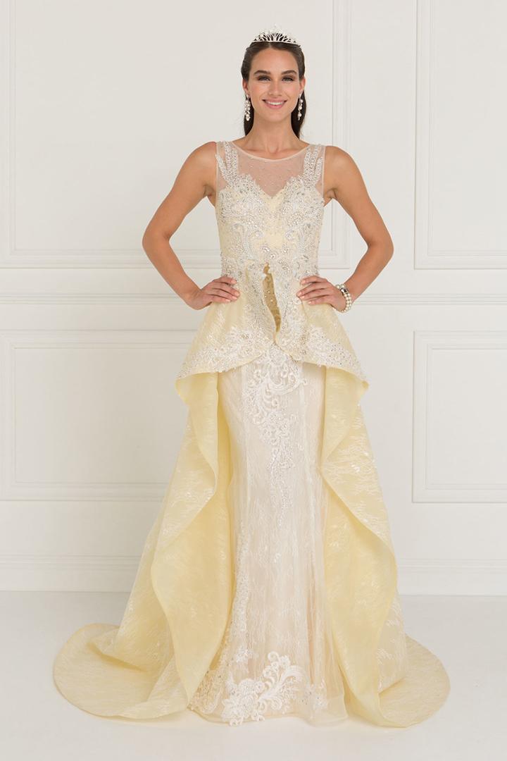 Elizabeth K - Gl1538 Beaded Lace Peplum Organza Gown