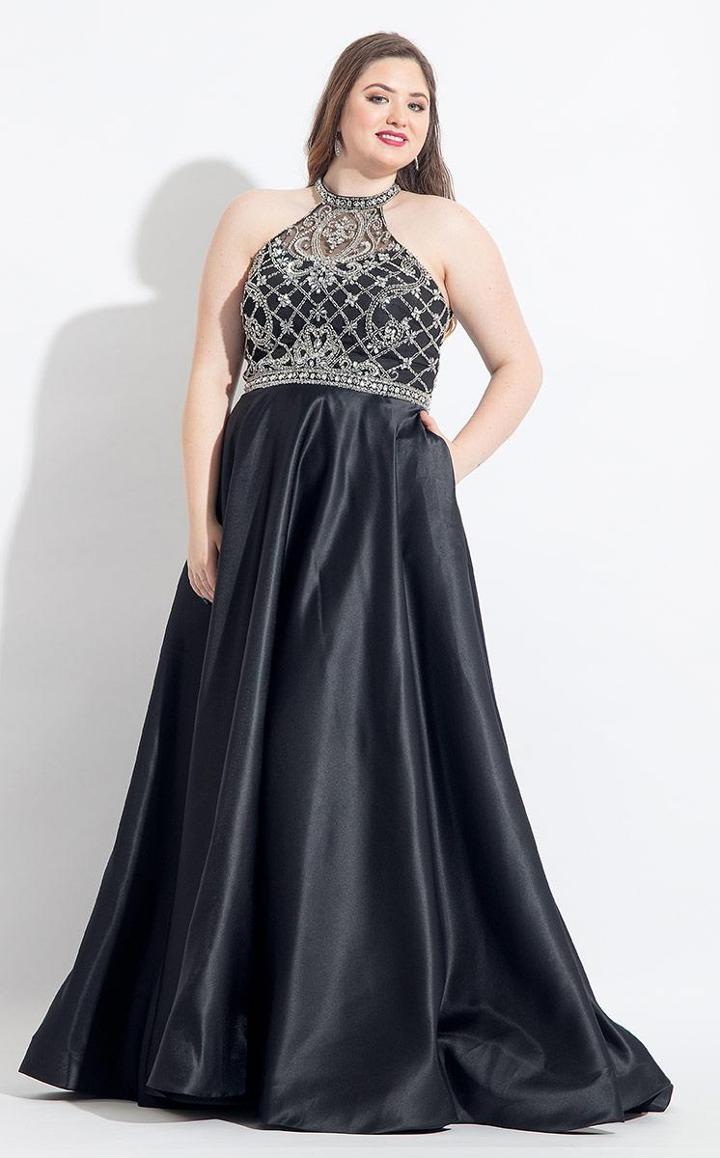 Rachel Allan Curves - 6325 Silver Beaded Sheer High Halter Dress