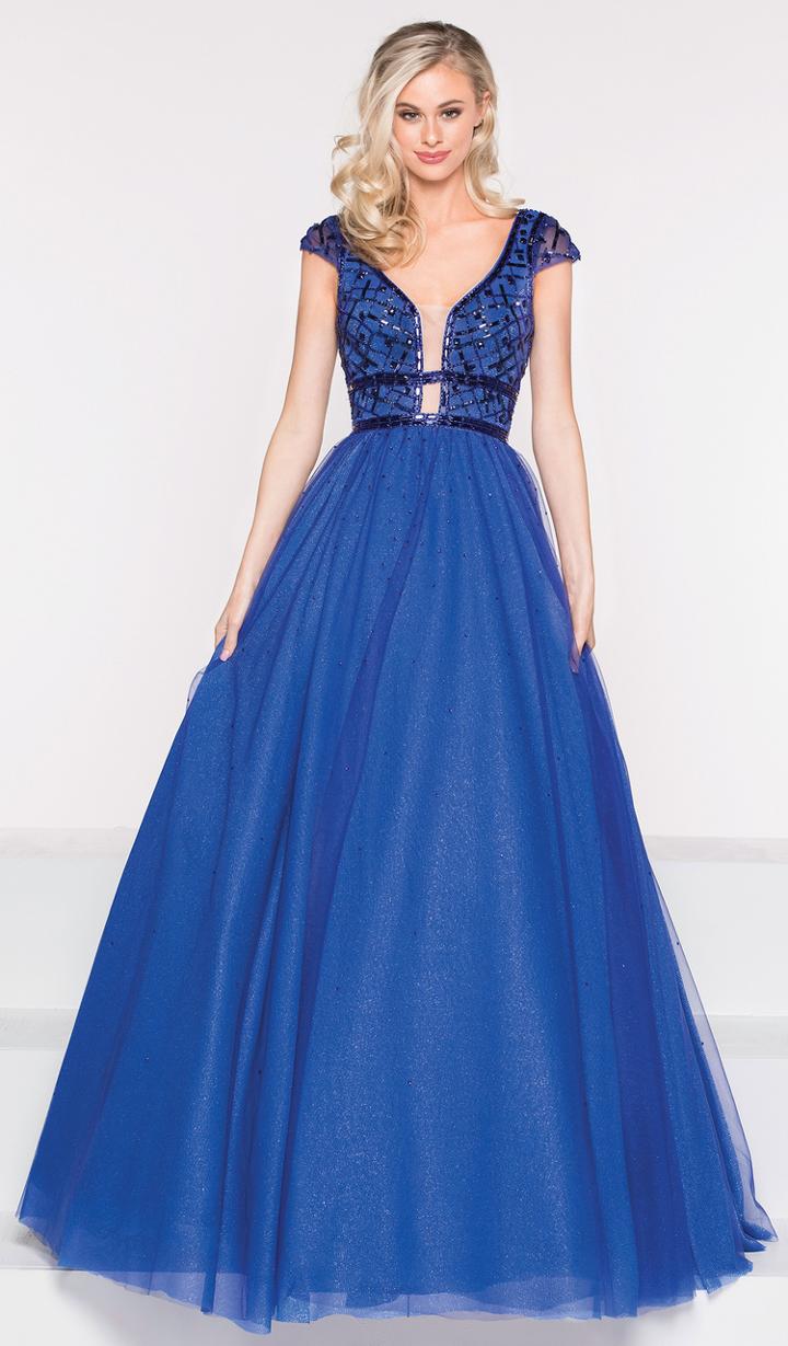 Colors Dress - 2007 Cap Sleeve Plunging Illusion Inset Ballgown