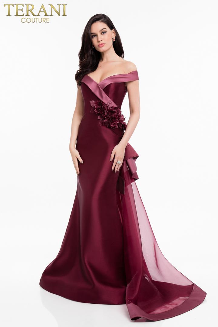 Terani Couture - 1821m7558 Floral Applique Organza Trumpet Dress