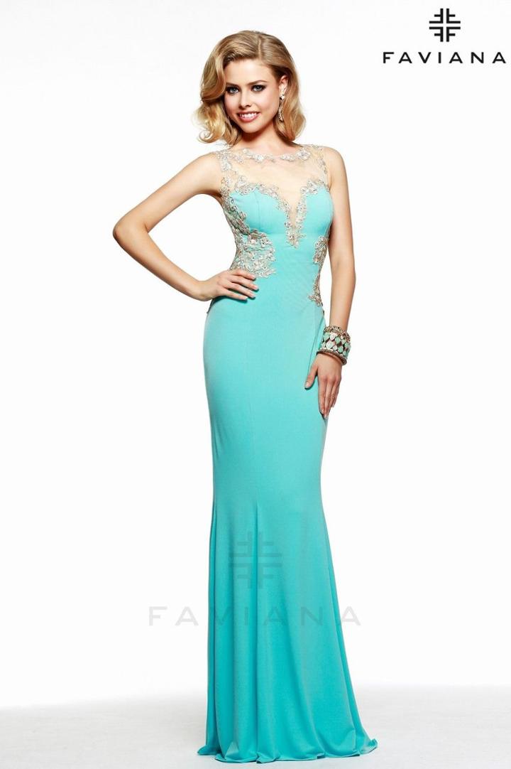 Faviana - Lovely Jersey Dress With Sheers And Lace Applique S7534