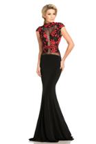 Johnathan Kayne - 8065 Cap Sleeve High Neck Embroidered Mesh Gown