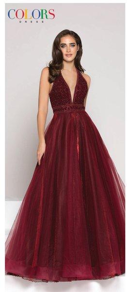 Colors Dress - 1863 Embellished Halter Metallic Mesh Ballgown