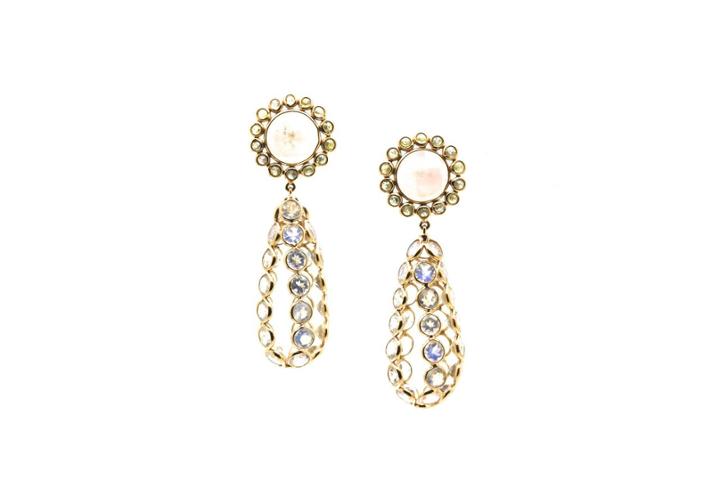 Tresor Collection - Rainbow Moonstone With Organic Diamond Cage Earrings In 18k Yellow Gold