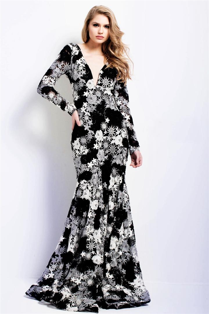 Jovani - 50621 Floral Embroidered Long Sleeve Trumpet Gown