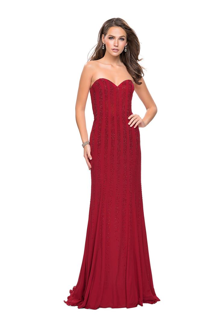 La Femme Gigi - 26289 Vertical Striped Beaded Sweetheart Sheath Dress