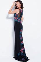 Jovani - 58030 Bateau Multicolored Floral Appliques Fitted Prom Dress