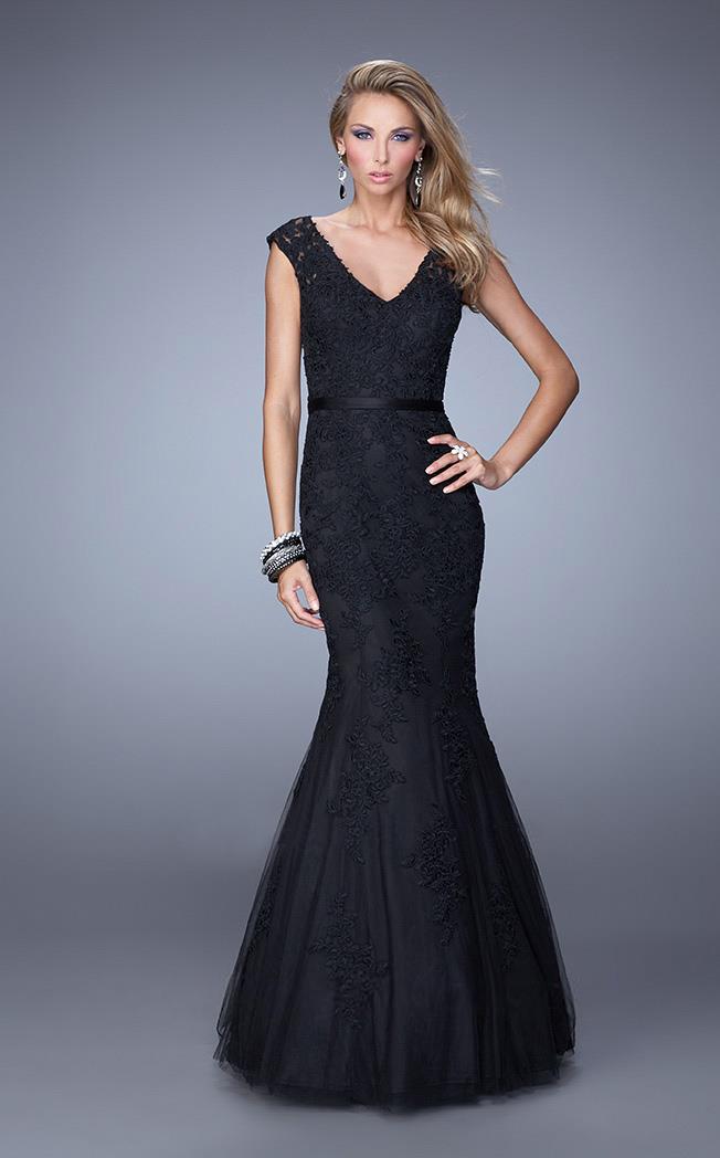 La Femme - 20918 Floral V Neck Cap Sleeves Mermaid Gown