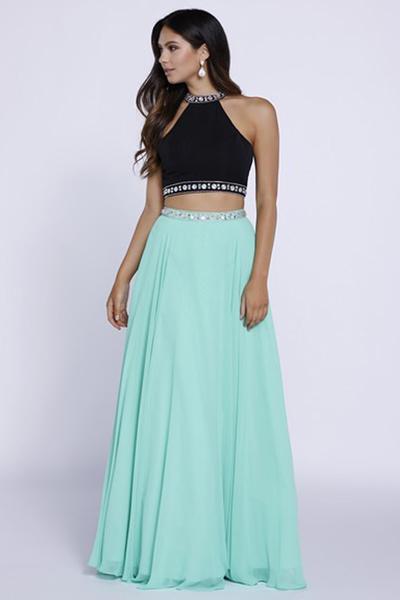Elegant Two-piece Bedazzled Halter Neck Long A-line Dress