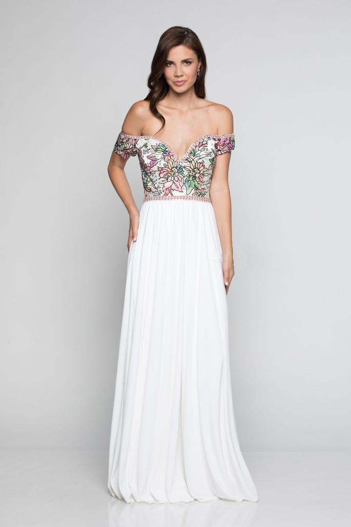 Milano Formals - E2394 Print Off Shoulder A-line Dress