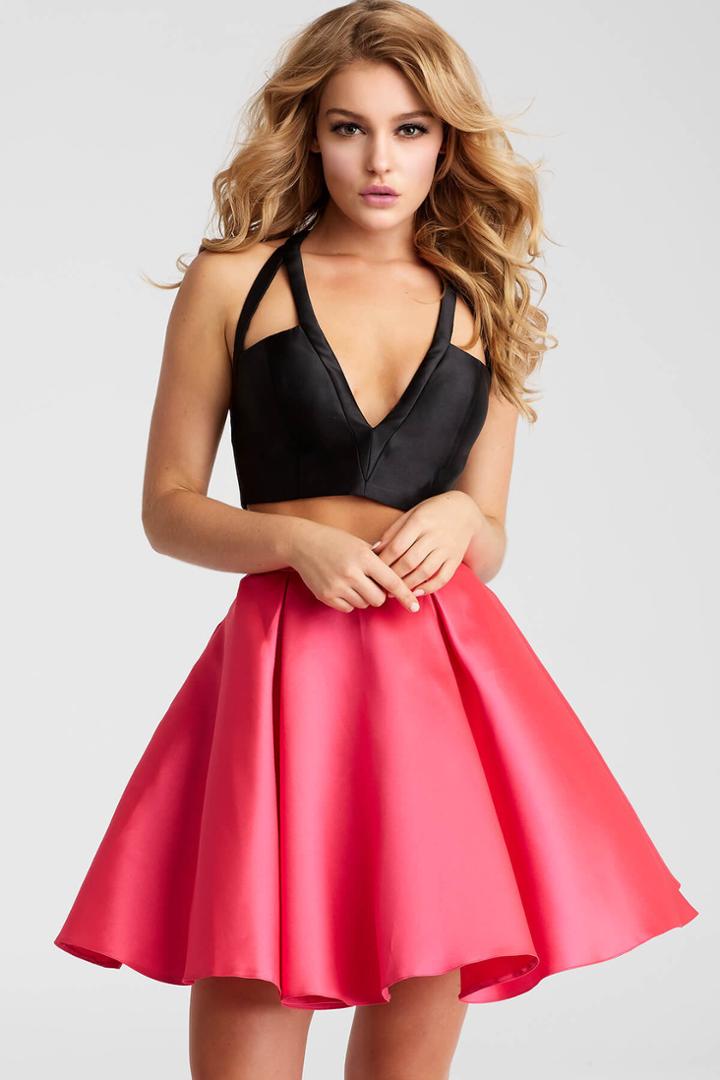 Jovani - Plunging V-neck Two-piece Mikado Dress