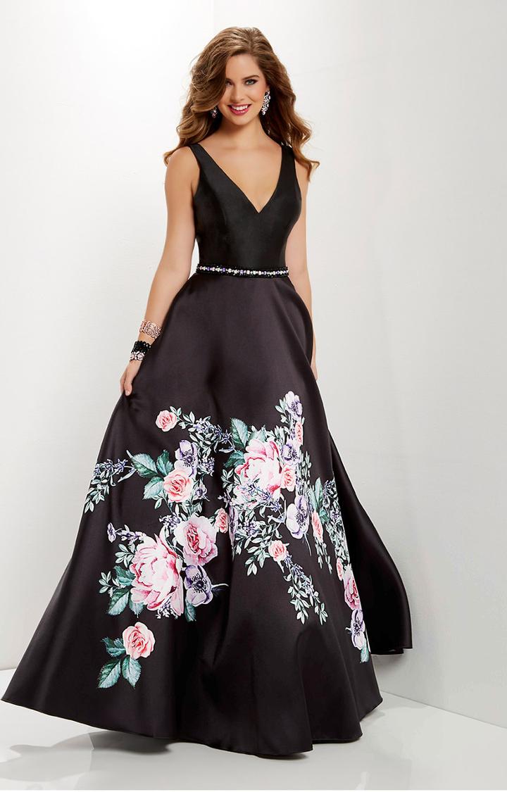 Studio 17 - 12666 V-neck Floral Printed Mikado A-line Gown