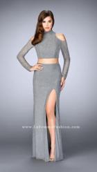 La Femme - Long Sleeve High Neck Beaded Two-piece Long Dress 24174