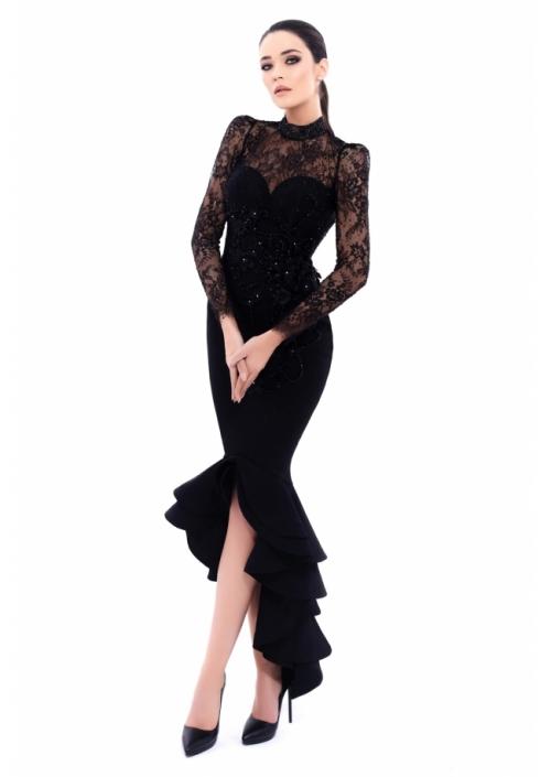 Tarik Ediz - 93318 Embellished High Neck High Low Ruffled Dress