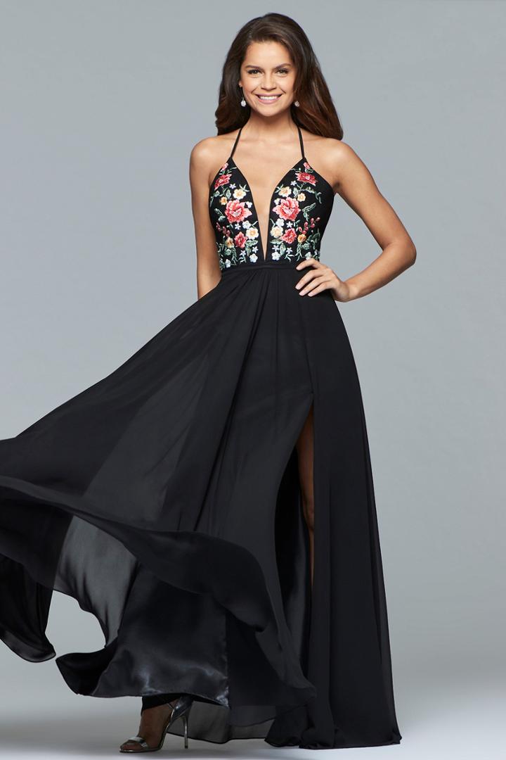 Faviana - 10000 Plunging Floral Embroidered Chiffon Gown