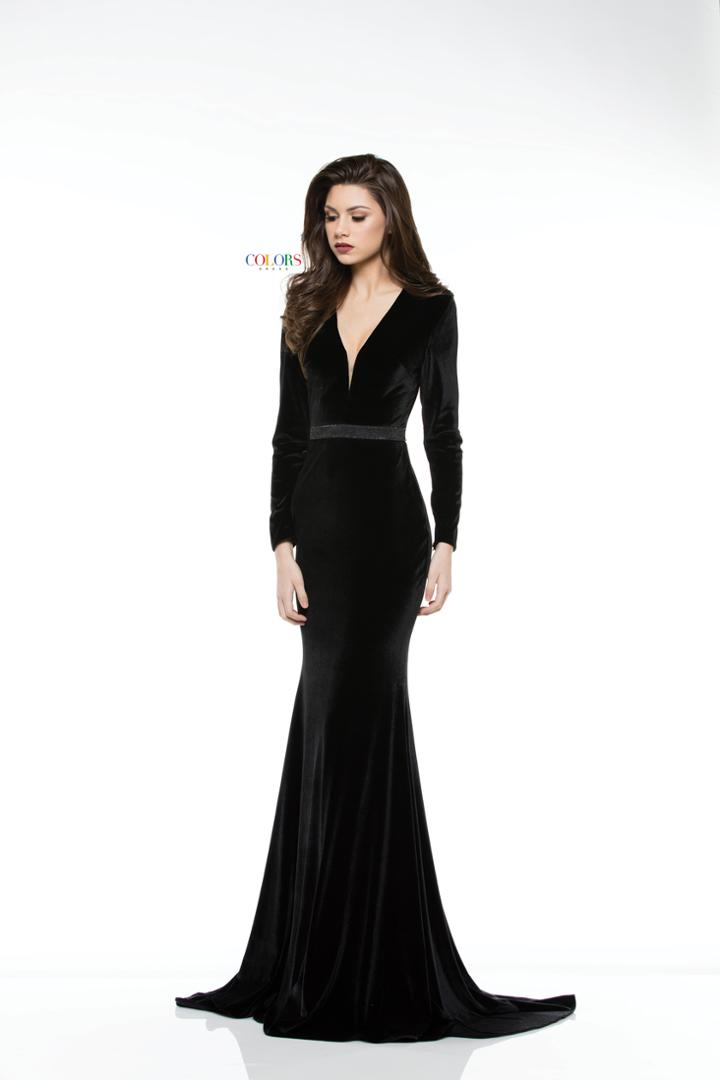 Colors Dress - 2033 Embellished Deep V-neck Velvet Trumpet Dress