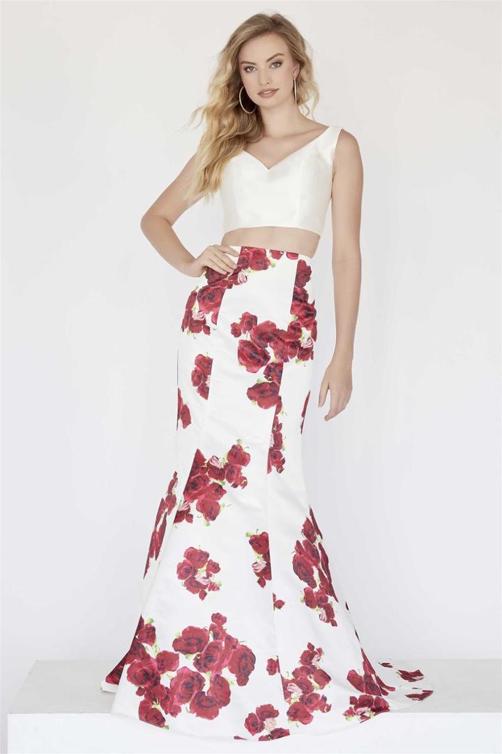 Jolene Collection - 18112 Two Piece Satin Floral Print Mermaid Dress