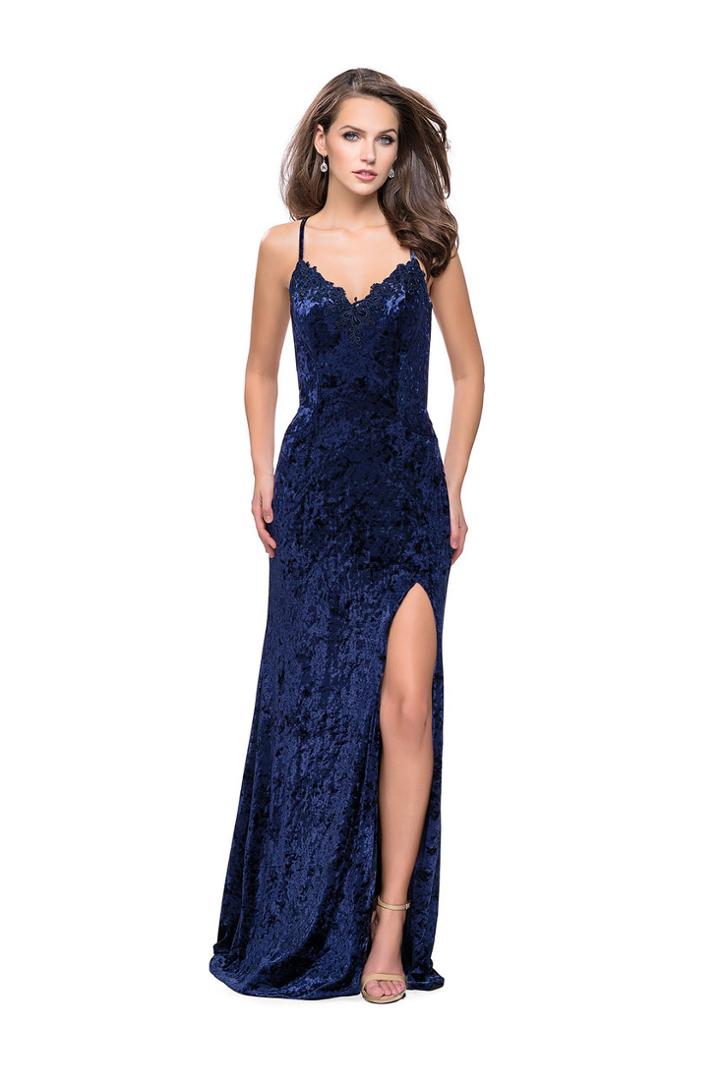 La Femme - 25881 Lace Sweetheart Velvet Sheath Dress