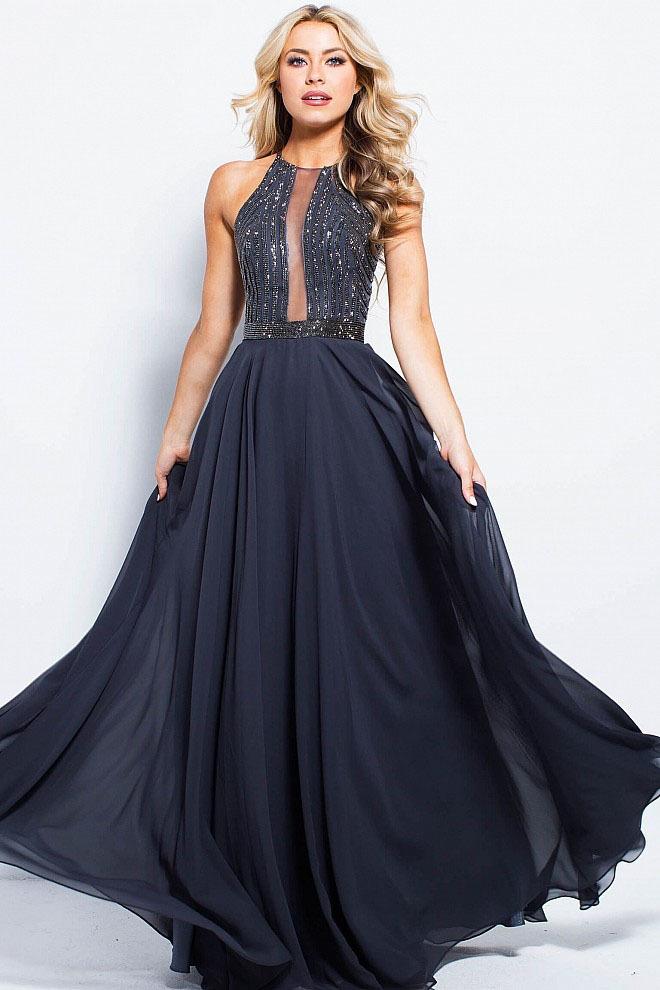 Jovani - Embellished Illusion Halter Chiffon A-line Dress Jvn59049