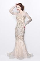 Primavera Couture - Long Sleeved Sheer Embellished Evening Gown 1701