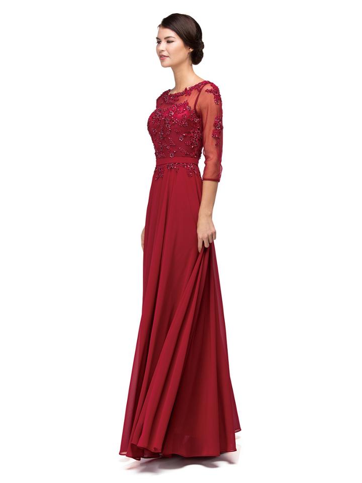 Dancing Queen - Lace-applique Long Prom Dress With Sheer 3/4 Sleeves 9473x