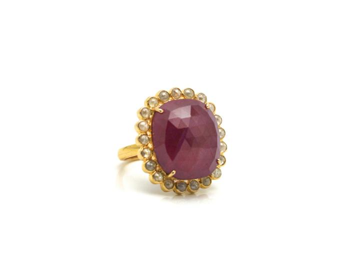 Tresor Collection - Ruby With Organic Diamonds Cocktail Ring In 18k Yellow Gold