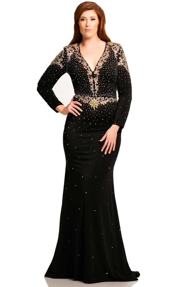 Johnathan Kayne - 8085k Deep V-neck Long Sleeved Fitted Gown