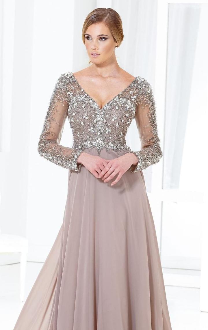 Terani Evening - M3811 Beaded V Neck Long Sleeve Chiffon Gown
