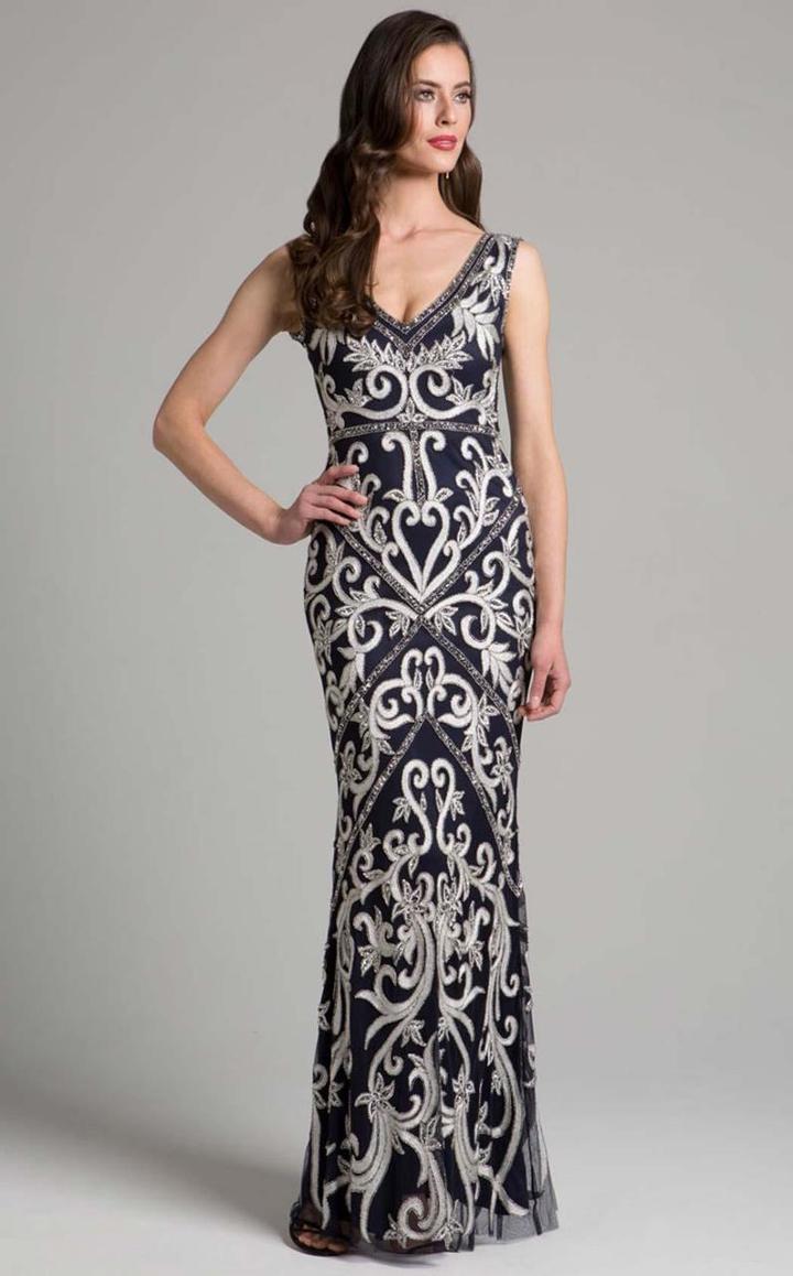 Lara Dresses - 33401 Bedazzled Plunging V-neck Dress
