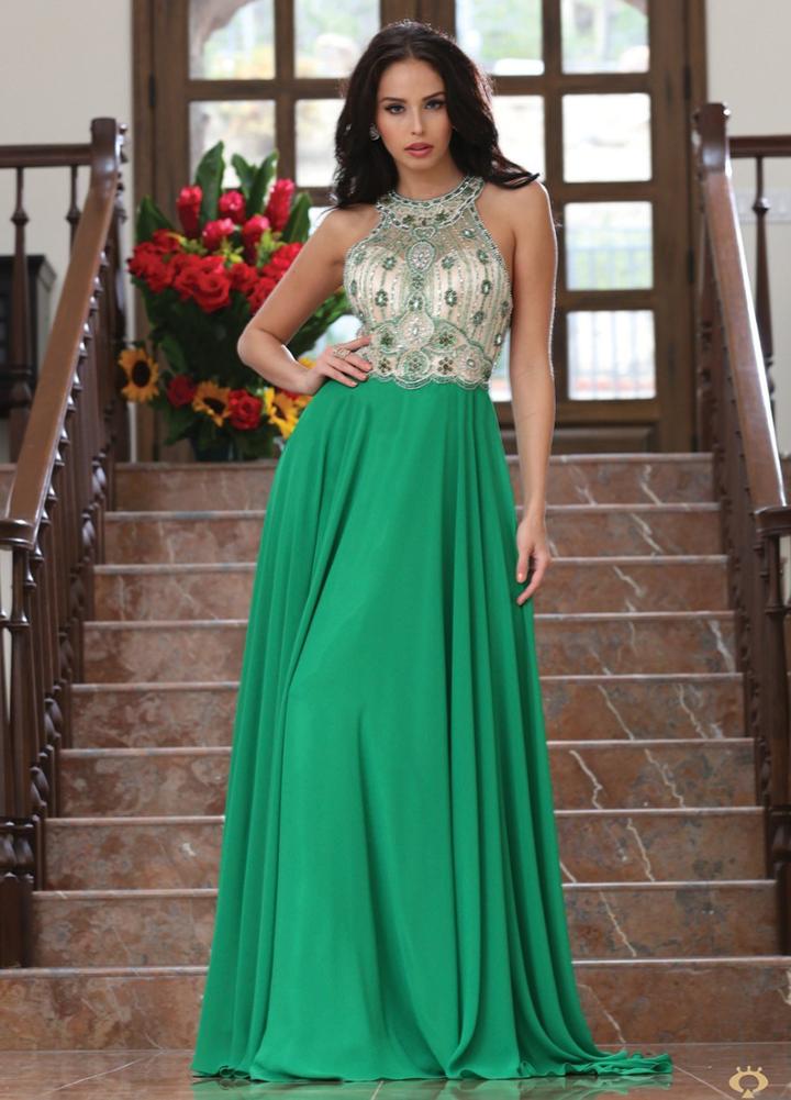 May Queen - Rq7308 Halter Neck Beaded A-line Gown