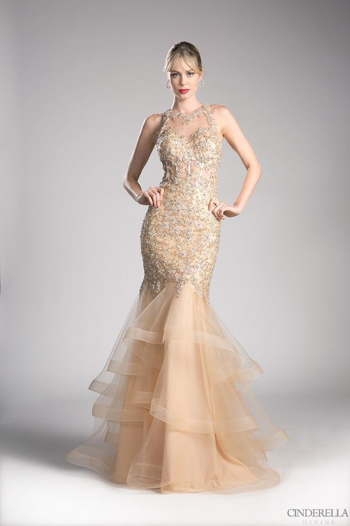 Cinderella Divine - Beaded Sheer Tiered Mermaid Evening Dress