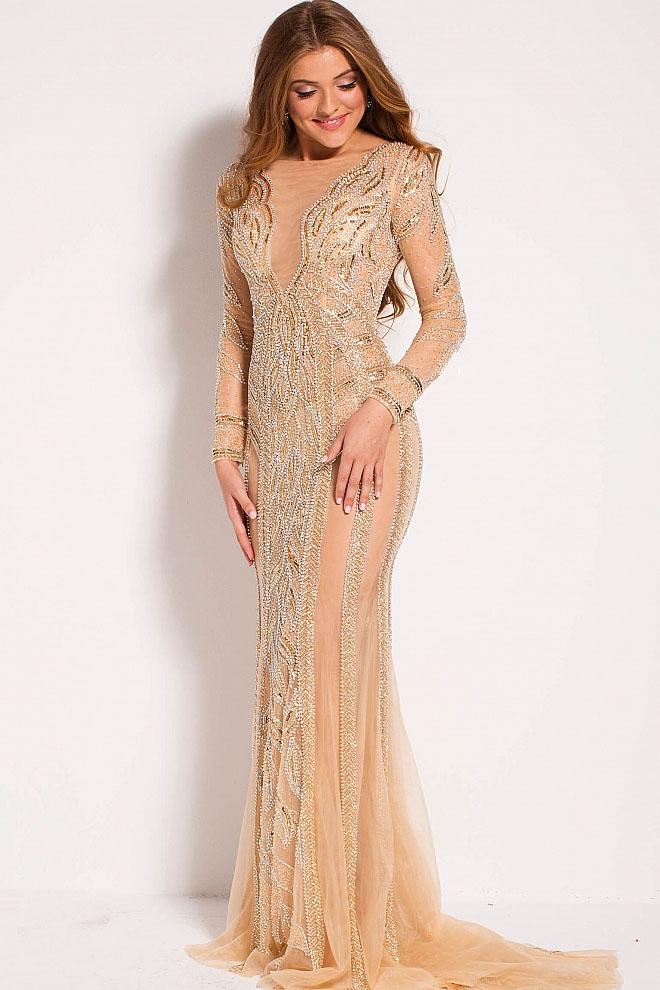 Jovani - 24160 Sheer Neck Long Sleeved Beaded Gown