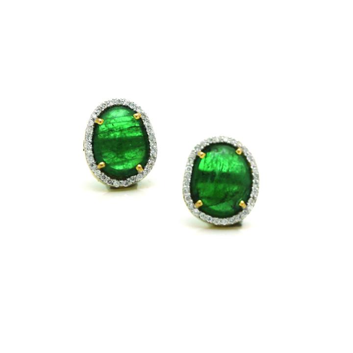 Tresor Collection - Emerald Stud Earrings With Diamond Pave All Around In 18k Yellow Gold
