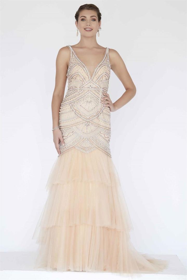 Jolene Collection - 18307 Deep V-neck Beaded Mermaid Gown