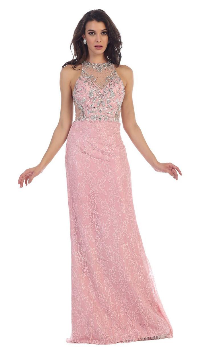 May Queen - Mq1438 Jeweled Sheer Halter Sheath Dress