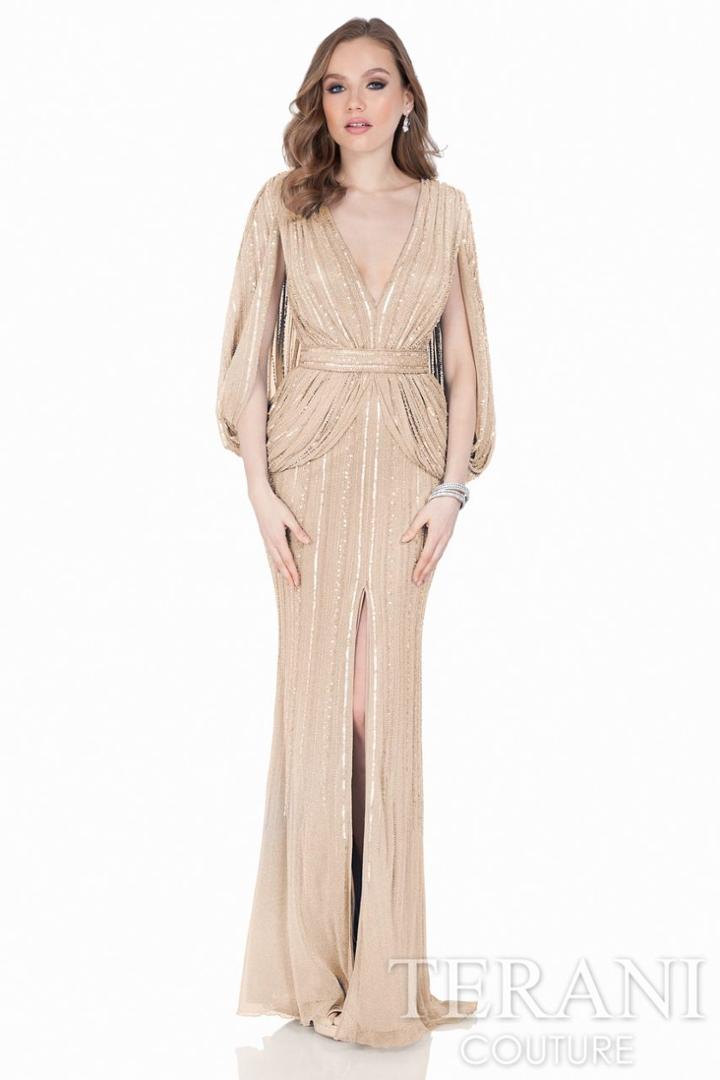 Terani Evening - Minimalist Metallic Knit V-neck Column Gown 1621m1729