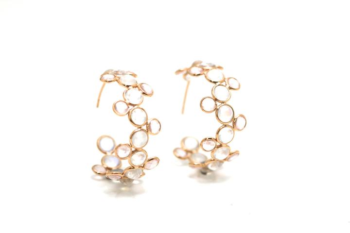 Tresor Collection - Rainbow Moonstone And Rose Quartz Hoops Small Earrings In 18k Rose Gold