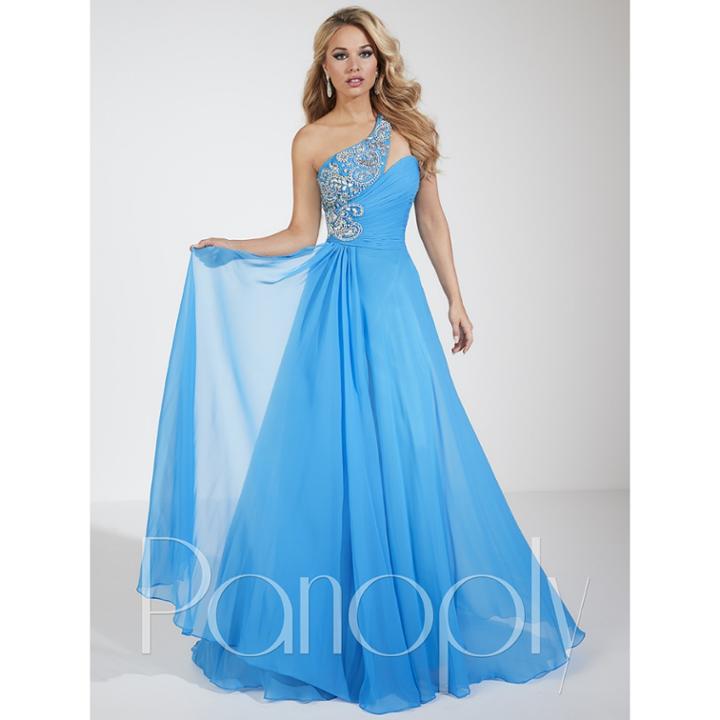 Panoply - Glittering Rhinestones And Beads Embellished One Shoulder Silky Chiffon Long Gown 14622