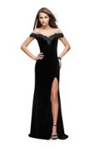 La Femme - 25591 Lace Embellished Off-shoulder Velvet Sheath Dress