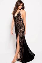 Jovani - 59595 Halter V Neck Lace Prom Dress