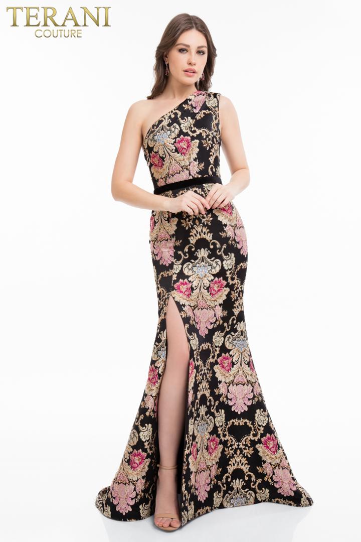 Terani Couture - 1821e7115 Asymmetrical Tapestry Gown With Slit