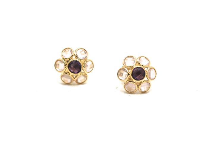 Tresor Collection - Rose Quartz And Smoky Quartz Medium Flower Stud Earrings In 18k Yellow Gold